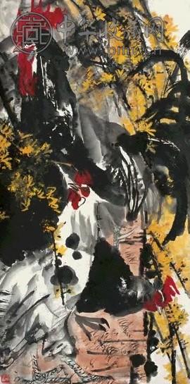 石齐 雄鸡图 轴 设色纸本