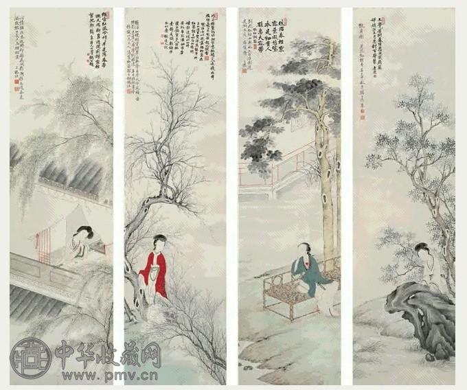 胡锡珪 1881年作 四时幽秀图屏 四屏 设色纸本