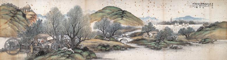 吴石僊 春江帆影图 设色纸本