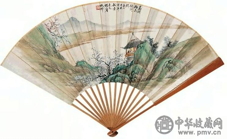 徐曦 袁希濂 梅亭依栏图 行书 成扇 设色纸本