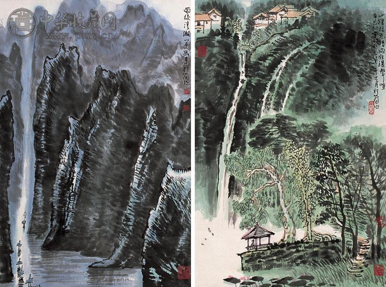 李行简 2001年作 山水四景 镜心(4开选2) 设色纸本