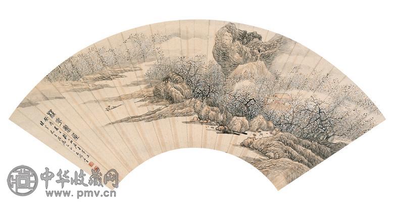 张石园 1933年作 梅花书屋 扇面 设色纸本