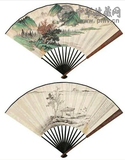 殷梓湘 山水 山水人物 扇面 设色纸本