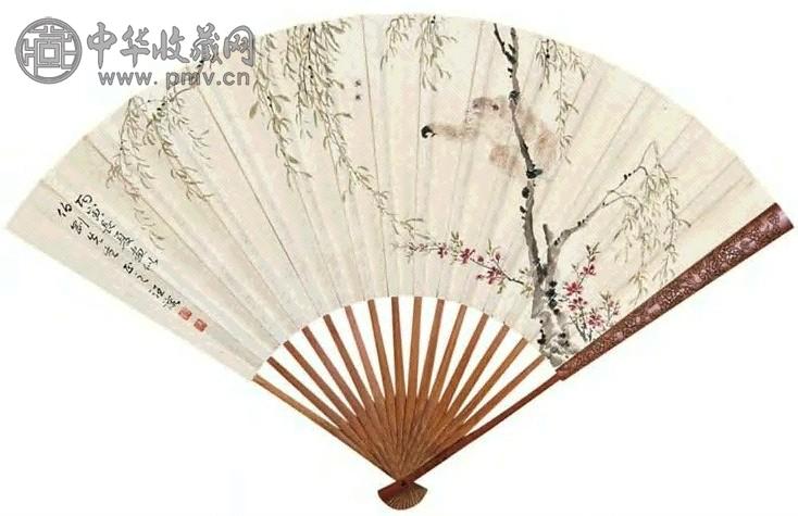 汪溶 1926年作 封侯图 山水 扇面 设色绢本