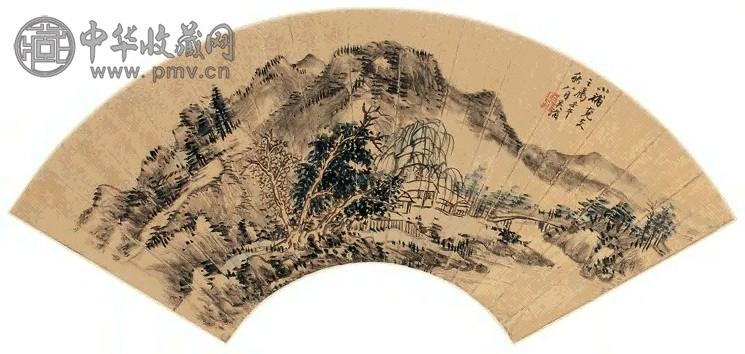 吴滔 柳村溪桥图 立轴 设色金笺