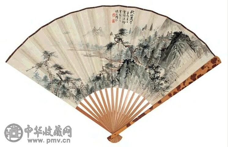 周怀民 1952年作 秋山萧寺 成扇 设色纸本