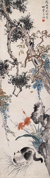 丁宝书 耄耋图 立轴 设色纸本