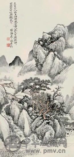 李秋君 松泉亭台图 立轴 设色纸本